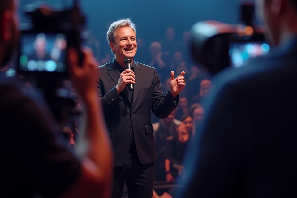 Artist performing in front of media cameras with spotlights